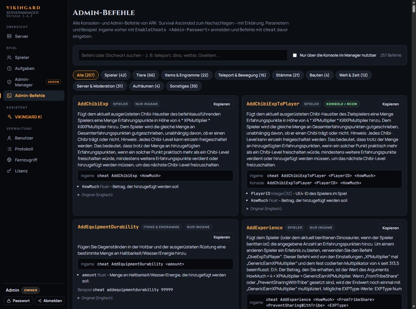 Nachschlagewerk aller Admin-Befehle mit Suche und Kategorien